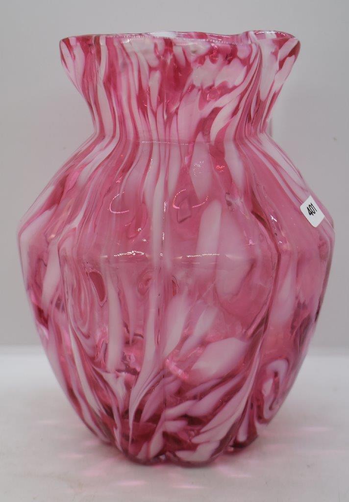 Cranberry and white spatter 8.5"h pitcher