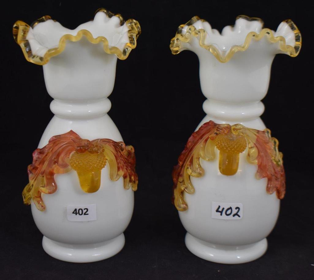 Pr. Stevens and Williams opaque amber crest 7"h vases