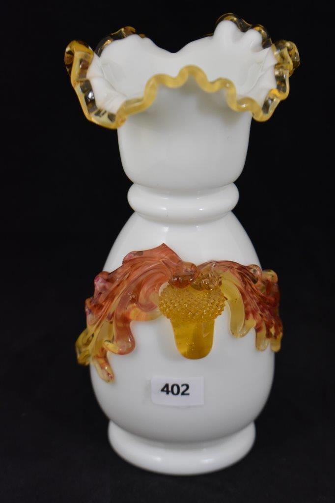 Pr. Stevens and Williams opaque amber crest 7"h vases
