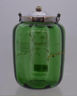 Green Victorian 5"h handled jam/jelly jar