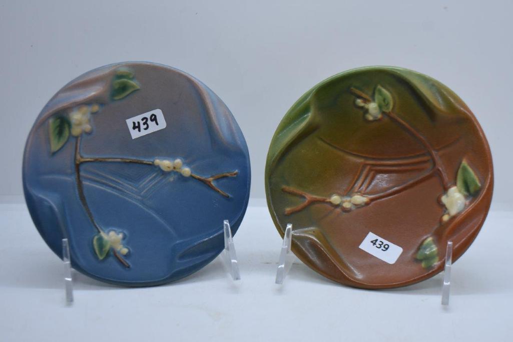 (2) Roseville Snowberry 1AT ash trays, blue and brown/green