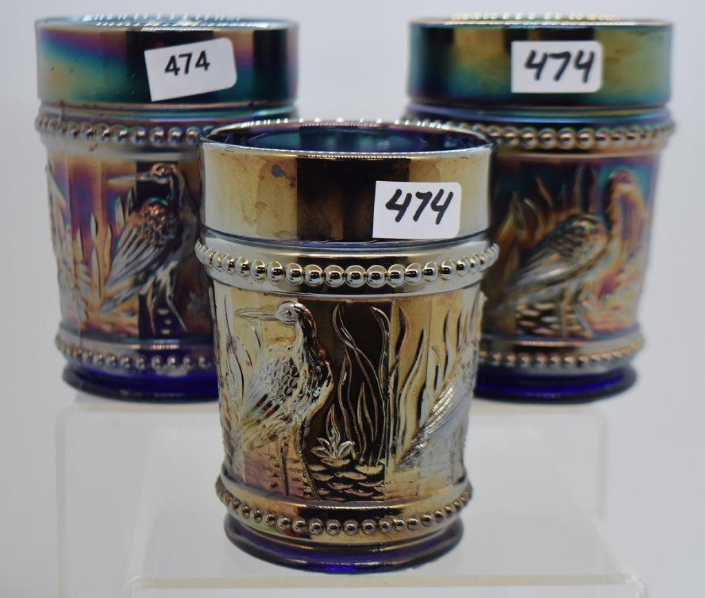 (3) Carnival Stork and Rushes tumblers, cobalt