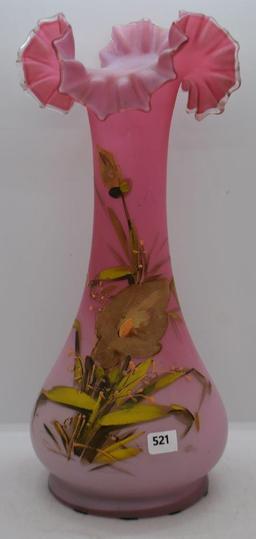 Victorian pink satin 12"h vase decorated with green floral/leaves