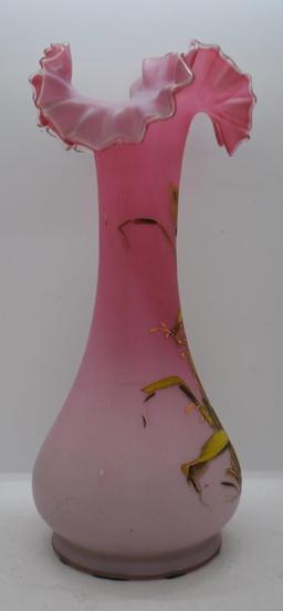 Victorian pink satin 12"h vase decorated with green floral/leaves