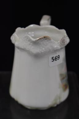 R.S. Prussia Stippled Floral Mold 3.5" creamer, Man in the Mountain