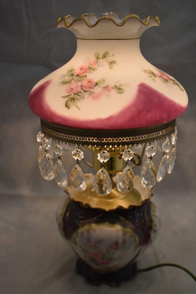 R.S. Prussia Tiffany cracker jar made into elec. Lamp with milk glass shade