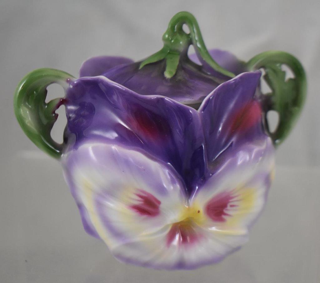 Royal Bayreuth purple Pansy creamer and cov. sugar, blue mark