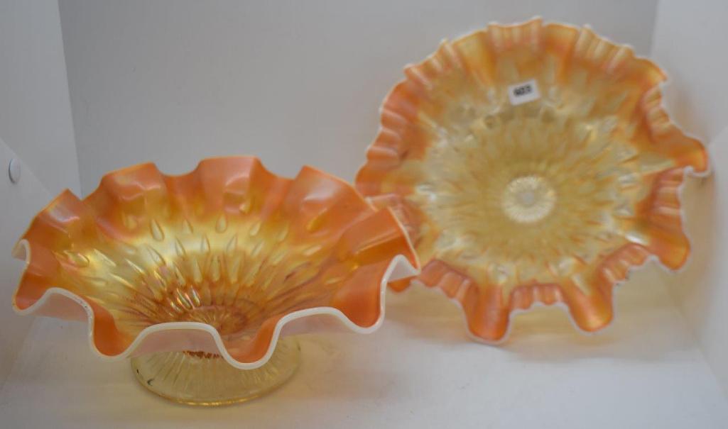 (2) Carnival Raindrops/Keyhole peach opal. dome-ftd. bowls