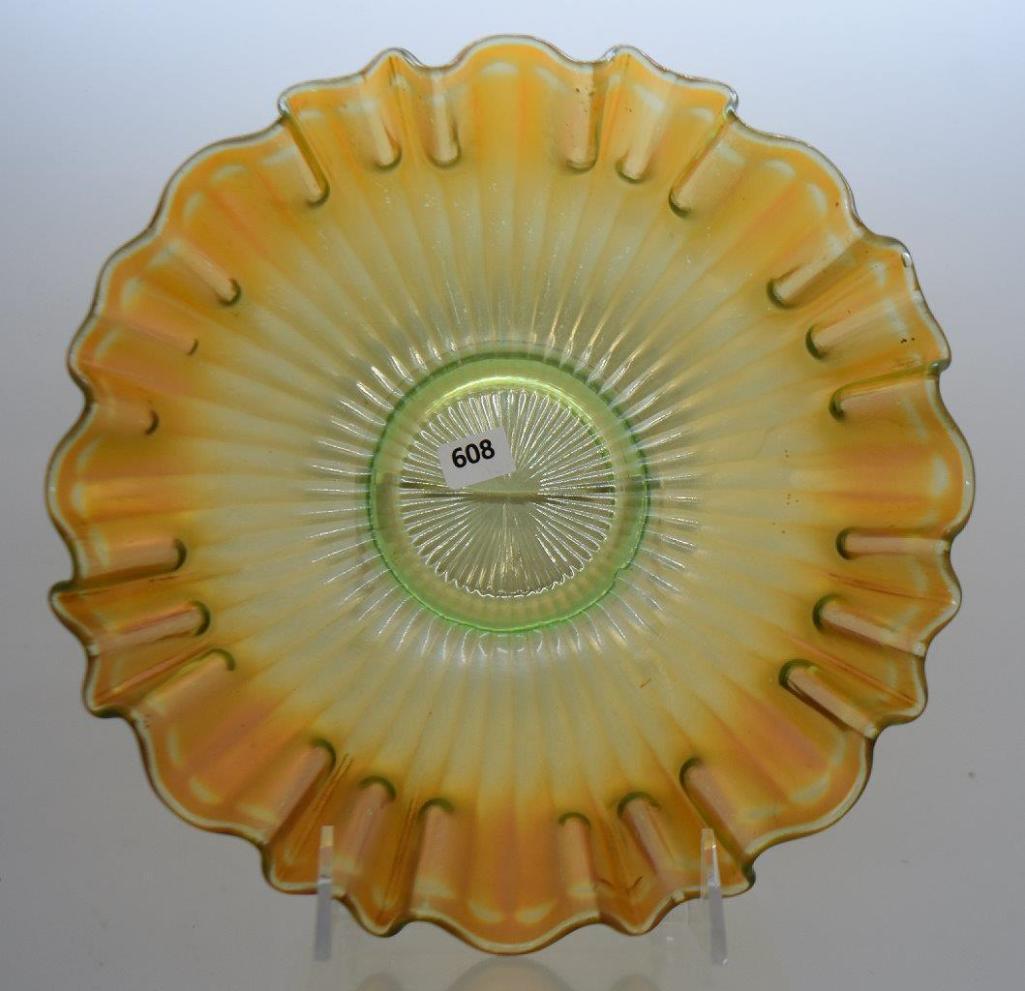 Carnival Rays 9"d bowl, geen and marigold