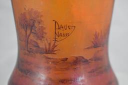 Signed Daum Nancy Cameo Glass 14" vase, Landscape/lake scene at sunset