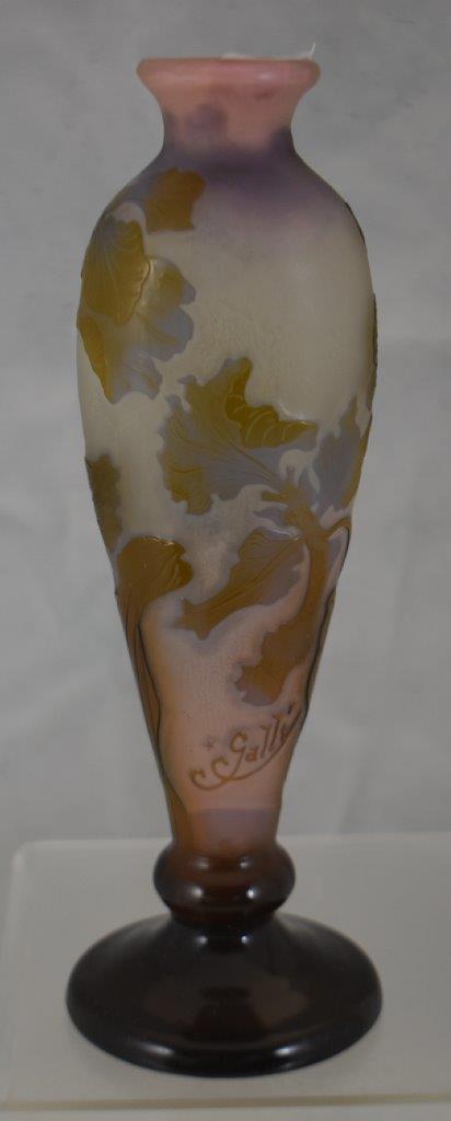 Signed Galle Cameo Glass 9" floral vase, lavender/pink and blue coloring