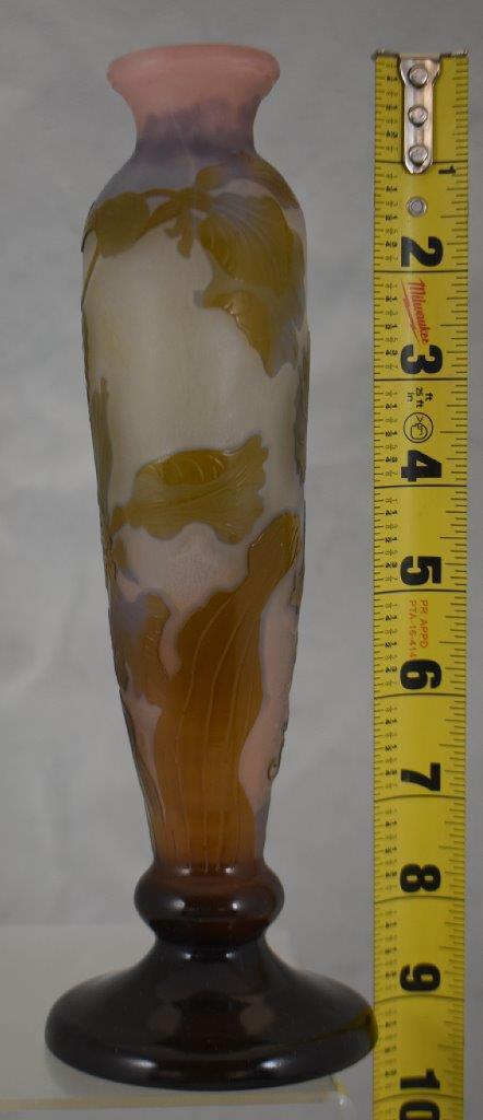 Signed Galle Cameo Glass 9" floral vase, lavender/pink and blue coloring