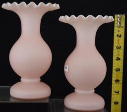 Pr. Pink and white satin glass 8"h vases