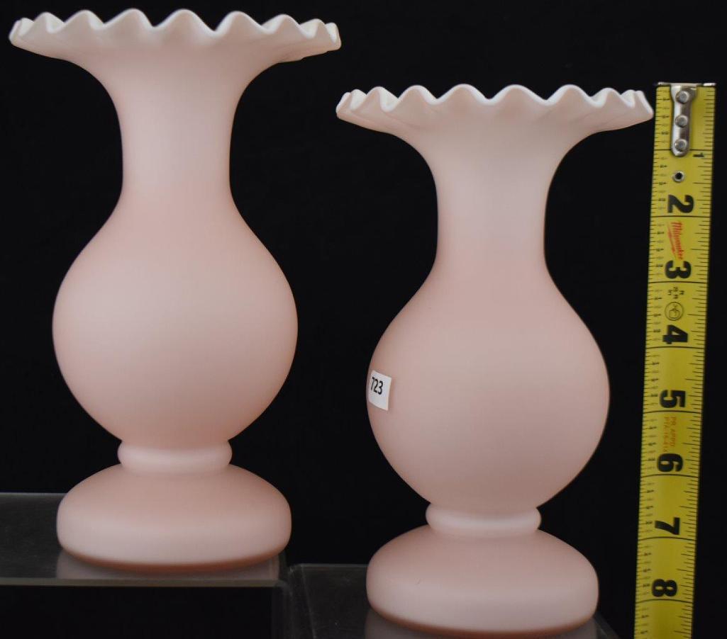 Pr. Pink and white satin glass 8"h vases