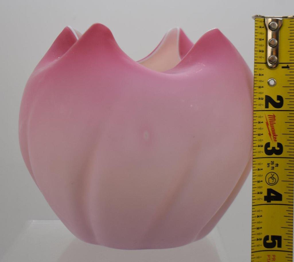 Pink and white satin glass 5"h rose bowl