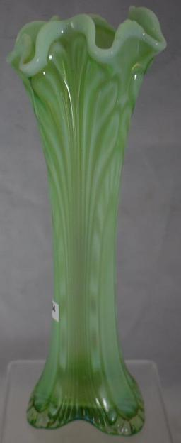 Fenton Plume Panels Carnival 11" green opal. vase