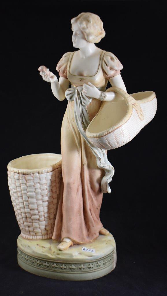 Mrkd. Royal Dux 11887 'Woman with Baskets', 18" tall