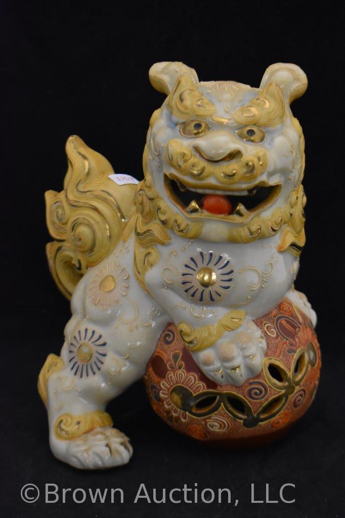 Chalkware pekinese liquor bottle (mrkd. Italy) and ceramic Foo dog dragon potpourri statue