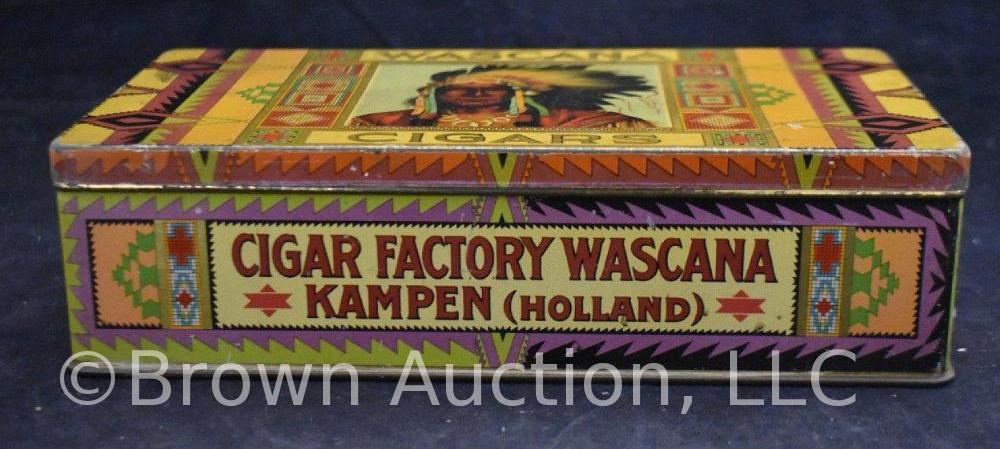 Brightly colored tin cigar box for Wascana Cigars