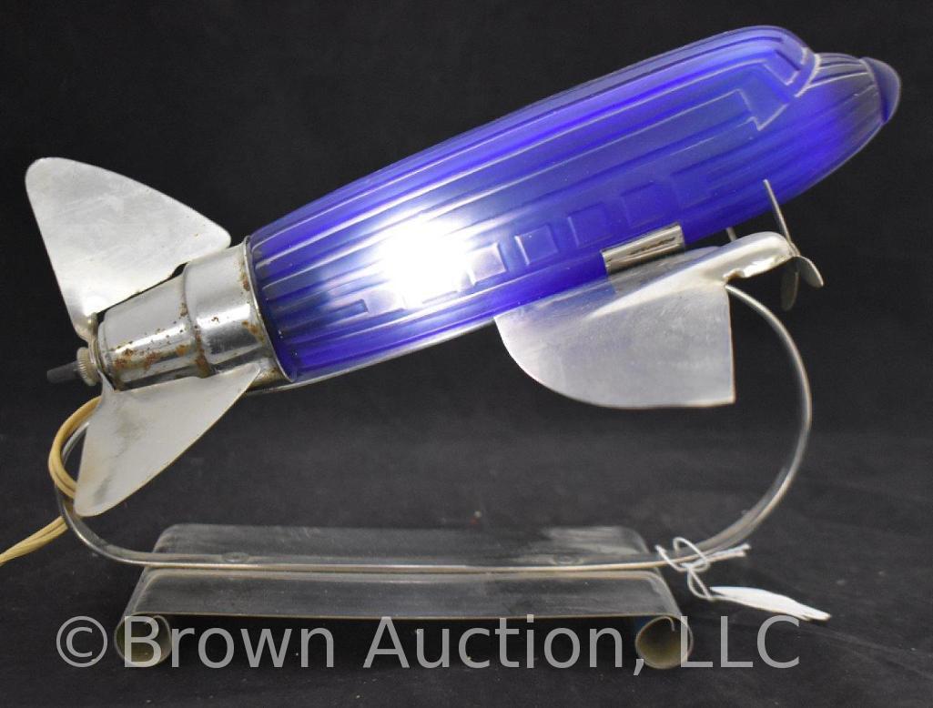 Sarsaparilla Deco Designs chrome Style DC-3 airplane table lamp w/cobalt shade