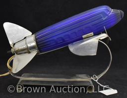 Sarsaparilla Deco Designs chrome Style DC-3 airplane table lamp w/cobalt shade