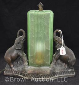 Art Deco table lamp depicting 2 elephants flanking green crackle glass globe