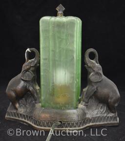 Art Deco table lamp depicting 2 elephants flanking green crackle glass globe