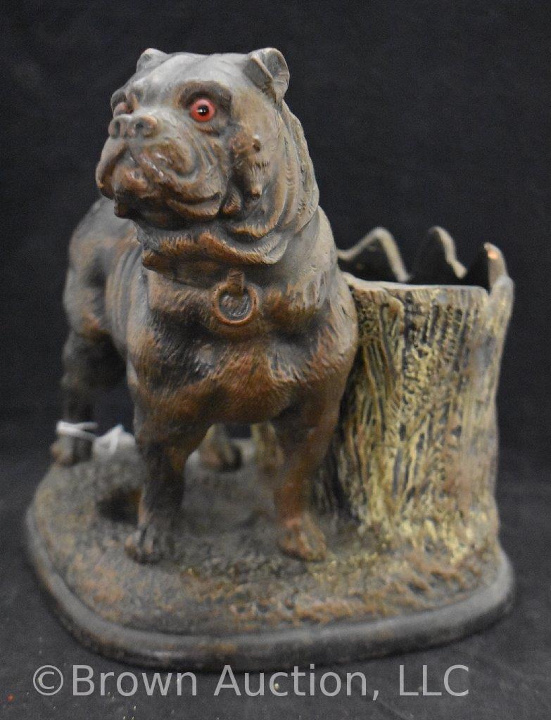 Vintage terra cotta pug dog w/glass eyes pipe smoking stand