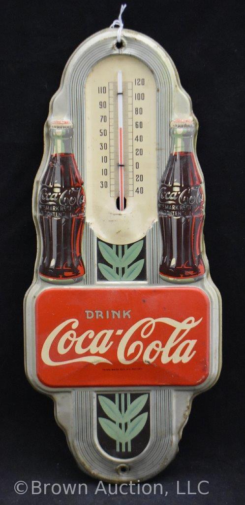 1940's Art Deco Coca-Cola embossed tin advertising thermometer
