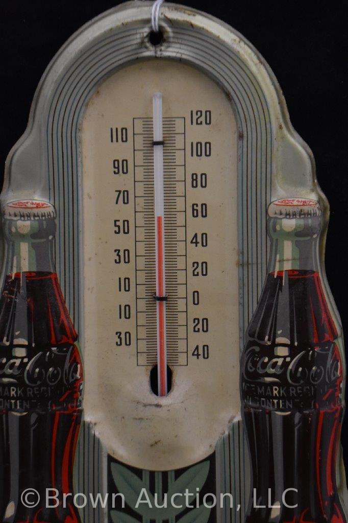 1940's Art Deco Coca-Cola embossed tin advertising thermometer