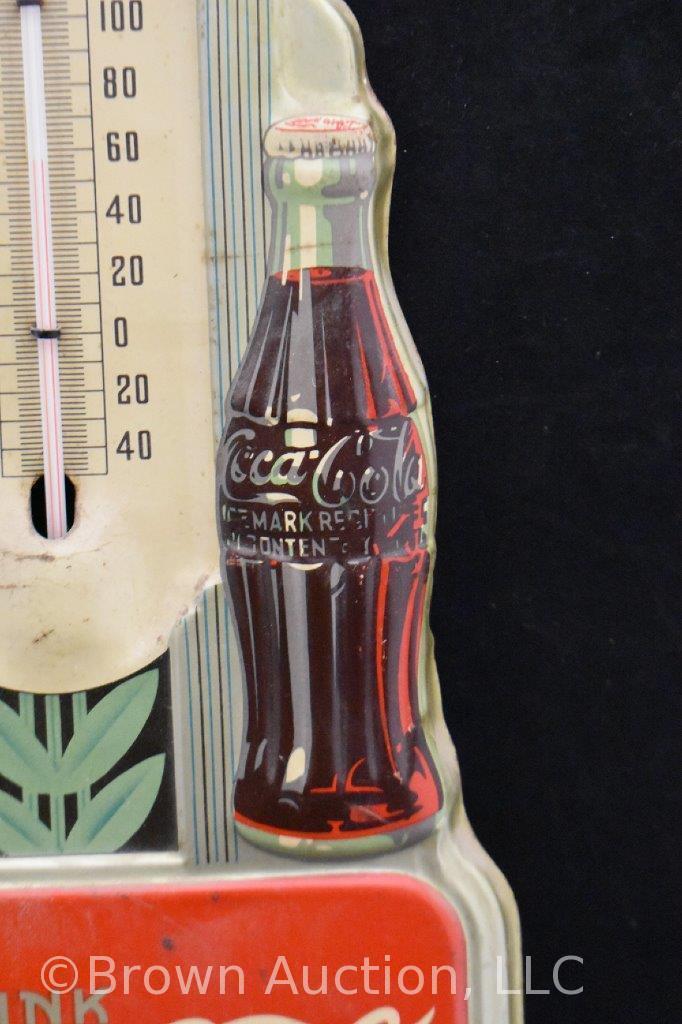 1940's Art Deco Coca-Cola embossed tin advertising thermometer