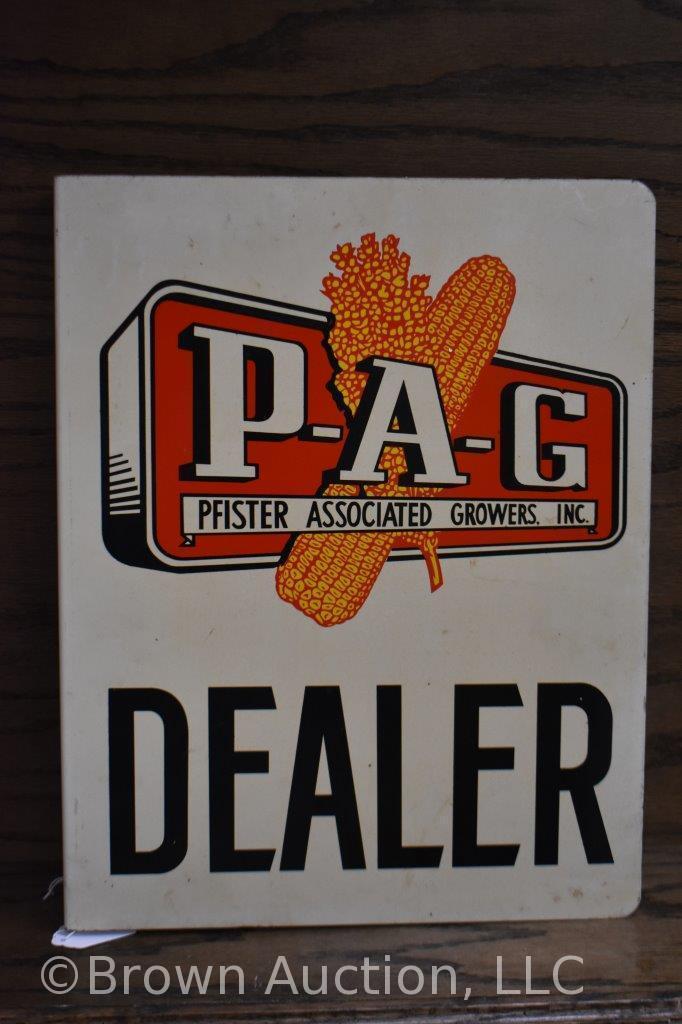 P-A-G Pfister seeds double sided tin flange dealer sign