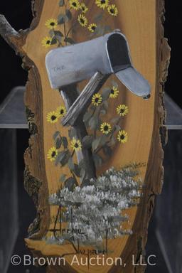 Archie Shepard painting on 13.5"l driftwood - mailbox and sunflowers