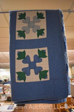 Hand stitched quilt, blues and green