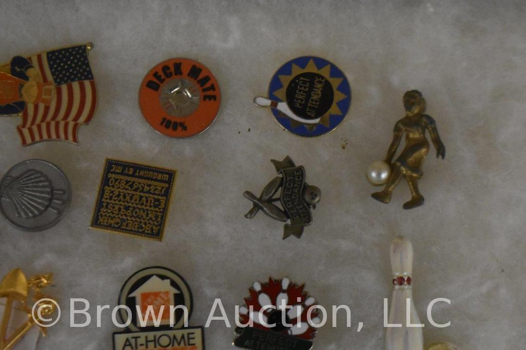 Assortment of tie tacks and pins - advertising and several bowling themed