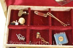 Jewelry box w/assortment of jewelry (mostly tie tacks)