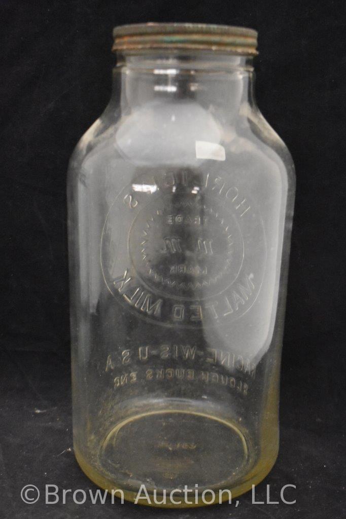 (3) Glass bottles - Atlas, Horlick's Malted Milk, kerosene (Cleveland Metal Products)