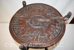 Unique 16" tall carved African motif table, 13" round dia. tTop w/carved elephants