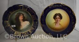 (2) Hand painted porcelain cobalt portrait plates, 9.5"d