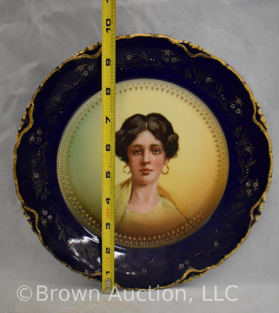 (2) Hand painted porcelain cobalt portrait plates, 9.5"d