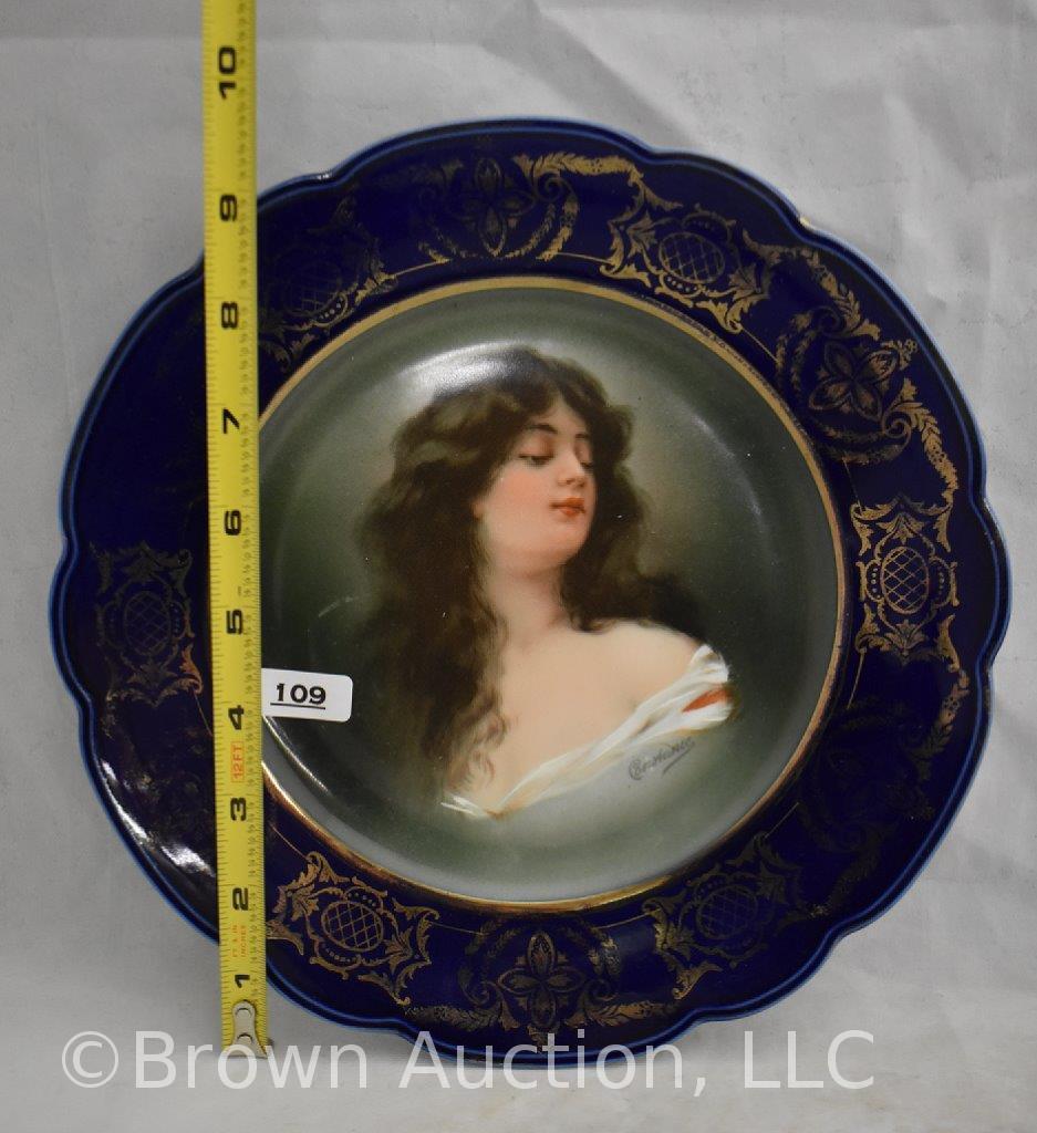 (2) Hand painted porcelain cobalt portrait plates, 9.5"d