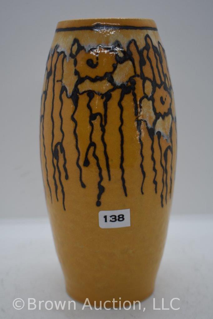 Mrkd. Door 8" vase, golden yellow w/black and white slip-painted design