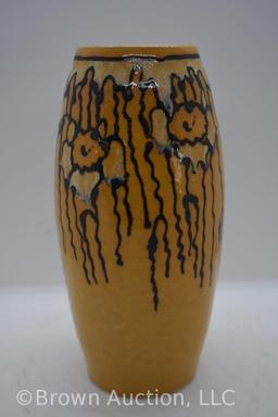 Mrkd. Door 8" vase, golden yellow w/black and white slip-painted design