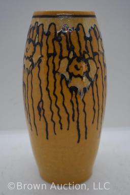 Mrkd. Door 8" vase, golden yellow w/black and white slip-painted design