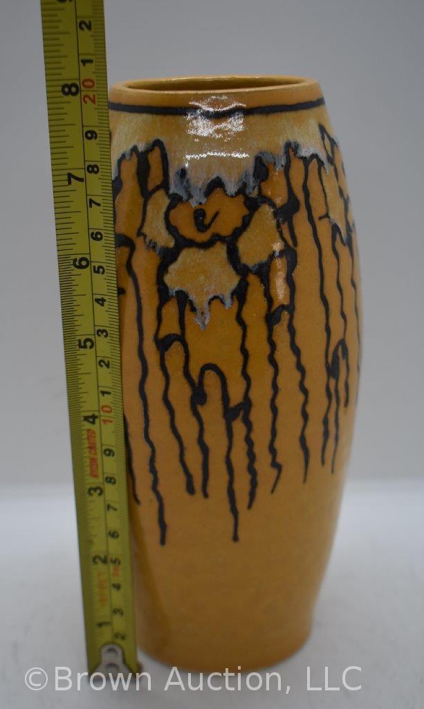 Mrkd. Door 8" vase, golden yellow w/black and white slip-painted design