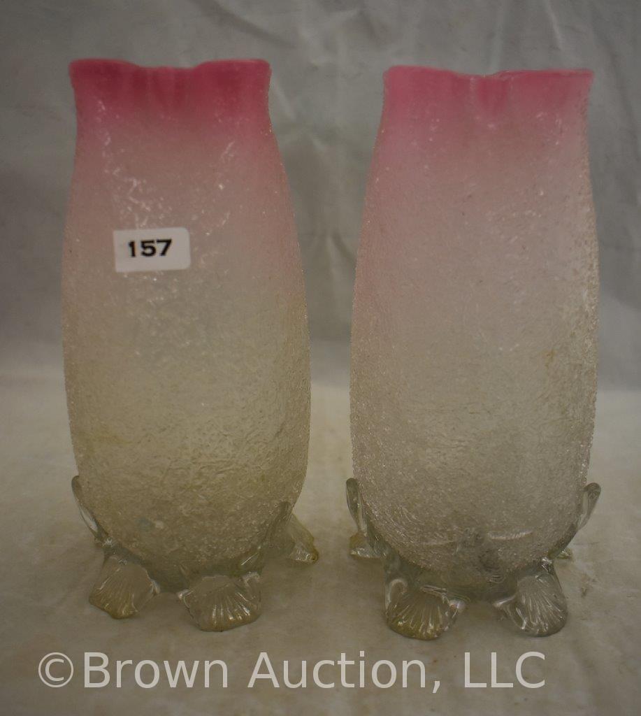 Pr. Victorian crackle glass 7.5"h crystal to pink vases