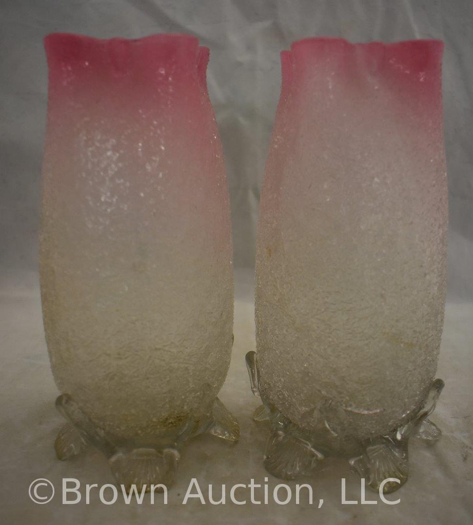 Pr. Victorian crackle glass 7.5"h crystal to pink vases