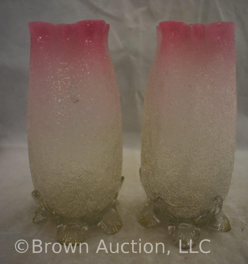 Pr. Victorian crackle glass 7.5"h crystal to pink vases