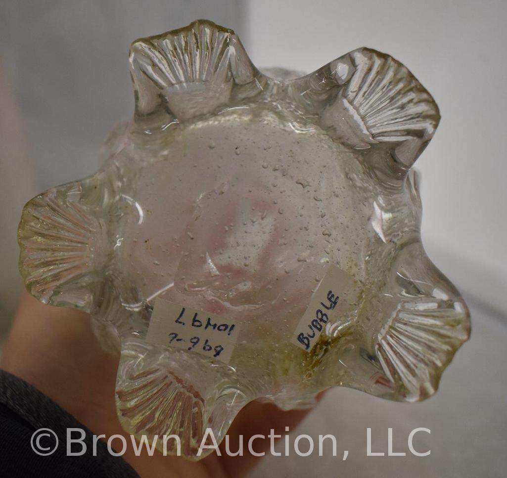 Pr. Victorian crackle glass 7.5"h crystal to pink vases