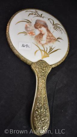 Beautiful peasant portrait hand mirror, 9"l